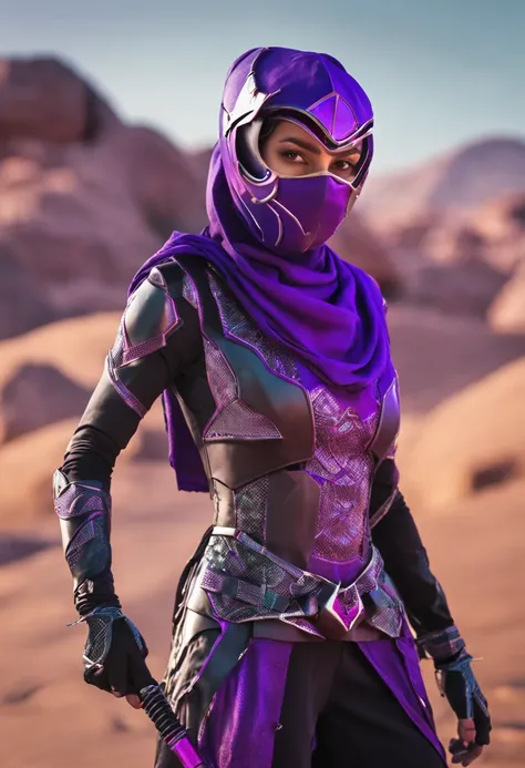 rita from power rangers, 1female, helmet, horns, hijab on face, transparent ninja mask, holding staff, 8k, ultra hd, 4k, photo accurate, cinematic, ambient occlusion, looking at viewer, green eyes, black hair, middle aged, purple armour, desert background,...