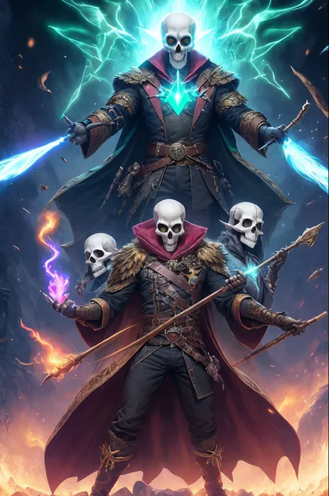 Skull man commander as a general in magical clothes controlling three skull servants with an aura of the color green