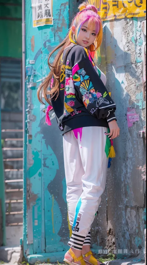 Aalfid woman，Colorful hair leaning against the wall, vivid vivid colors, multicolored clothing, Cut tattered T-shirts, vibrant color details, Vibrant and dynamic, bright vibrant colors, multicolored clothing, Intense and vivid colors, vivid vivid colors, V...