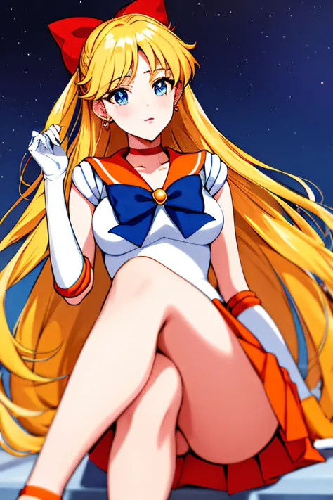 masterpiece, best quality, highres, venus1, 1girl, solo, sailor senshi uniform, sailor venus, aino minako, blonde hair, magical girl, blue eyes, orange skirt, elbow gloves, tiara, pleated skirt, hair bow, orange sailor collar, miniskirt, choker, red bow, o...