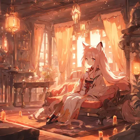 Anime character Little cute fox girl , Big room, A lonely day, Fantasy Treehouse, The room was full of properties, Gibly studio style, Intricate golden fur, Beautiful and big eyes, Warm room with back view of anime characters, Sit in front of a warm brazie...