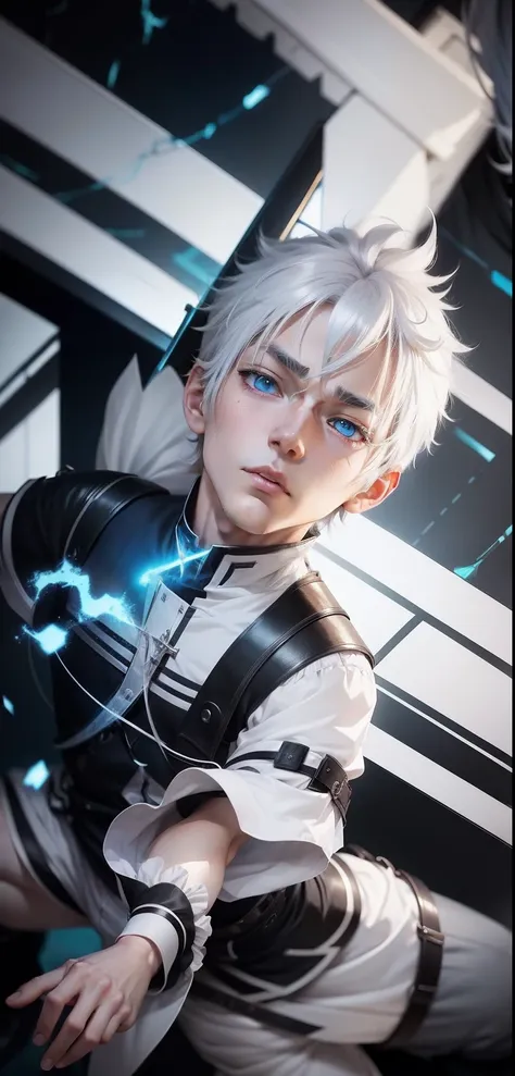 Anime baby with white hair and blue eyes, tall anime guy with blue eyes,, 2 d anime style, spear, he has dark grey hairs, zerochan art, white haired, zerochan, Male live-action anime style, male anime character，Anime realistic style