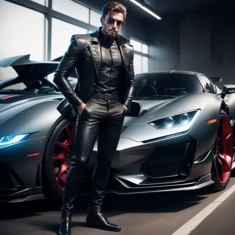 A cool guy standing with a super car wearing a riding suit with a futuristic look