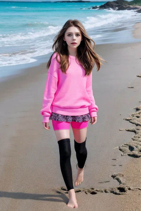 small elizabeth olsen in pink tights, bikini black, black anklet, tshirt, skirt on the beach