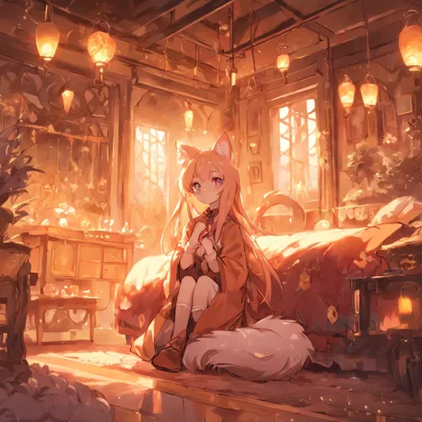 Anime character Little cute fox girl , Big room, A lonely day, Fantasy Treehouse, The room was full of properties, Gibly studio style, Intricate golden fur, Beautiful and big eyes, Warm room with back view of anime characters, Sit in front of a warm brazie...