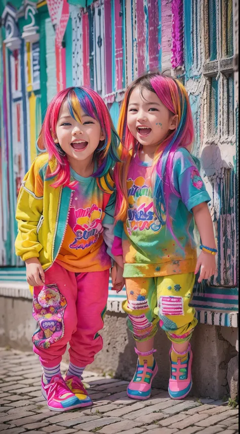 Colorful hair leaning against the wall, vivid vivid colors, multicolored clothing, Cut tattered T-shirts, vibrant color details, Vibrant and dynamic, bright vibrant colors, multicolored clothing, Intense and vivid colors, vivid vivid colors, Vivid and vibr...