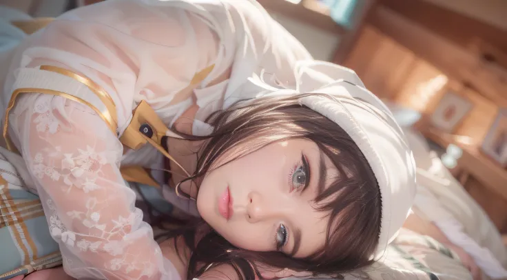 sideshot,a closeup,FULL ANATOMY,ultimate beauty girl，small tits，Woman lying on bed in Western-style building, Girl sleeping in sailor suit，photo taken with sony a7r, Realistic Young Gravure Idol, Anime. Soft lighting, taken with canon eos 5 d mark iv, Phot...