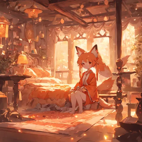 Anime character Little cute fox girl , Big room, A lonely day, Fantasy Treehouse, The room was full of properties, Gibly studio style, Intricate golden fur, Beautiful and big eyes, Warm room with back view of anime characters, Sit in front of a warm brazie...