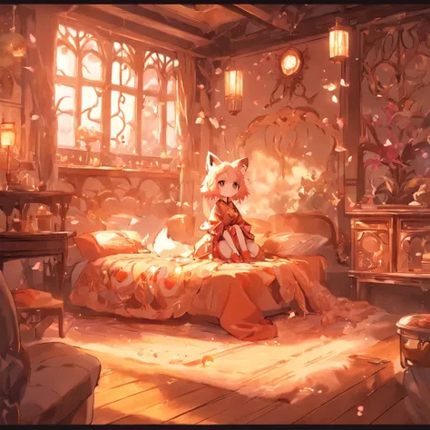 Anime character Little cute fox girl , Big room, A lonely day, Fantasy Treehouse, The room was full of properties, Gibly studio style, Intricate golden fur, Beautiful and big eyes, Warm room with back view of anime characters, Sit in front of a warm brazie...