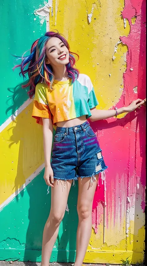 Colorful hair leaning against the wall, vivid vivid colors, multicolored clothing, Cut tattered T-shirts, vibrant color details, Vibrant and dynamic, bright vibrant colors, multicolored clothing, Intense and vivid colors, vivid vivid colors, Vivid and vibr...