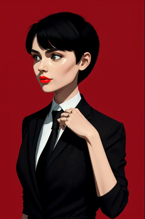 a 1girl, body complet, very detail, a lot of details, very extremely beautiful,  ((tmasterpiece, minimalism)), (Short Hair Hair), black necktie, Red shirt, bright colours, looks into the distance,