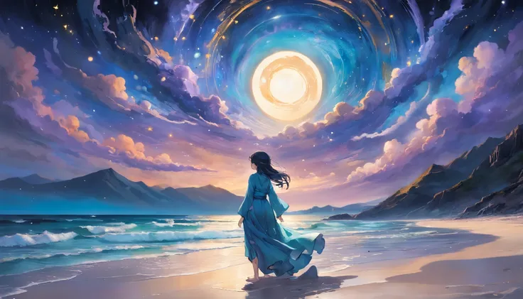 A mesmerizing scene unfolds as the night sky blankets the sandy shores, casting its ethereal glow upon the tranquil beach. In the midst of this enchanting landscape, a woman sits in deep contemplation, her body delicately poised in a serene meditative pose...