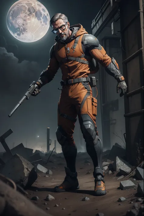 Ultra Realistic Gordon Freeman Half-life Character Dynamic Pose with New Armored suit on moon, creative art