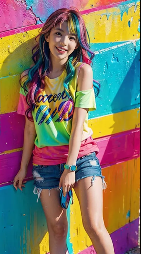 Colorful hair leaning against the wall, vivid vivid colors, multicolored clothing, Cut tattered T-shirts, vibrant color details, Vibrant and dynamic, bright vibrant colors, multicolored clothing, Intense and vivid colors, vivid vivid colors, Vivid and vibr...