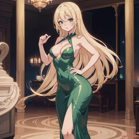 Anime girl, shoulder lengths blonde hair, short Green Party dress, sexy, posing, at a fancy ballroom, hourglass figure, curvy, skinny, full body shot, hand on hip, very small waist, big ass