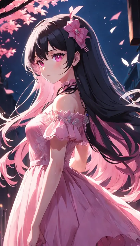 anime girl with black long hair and pink eyes , wearing a sexy ball gown lace 80s ball gown , Beautiful anime artwork, style of anime4 K, Anime art wallpaper 4k, princess