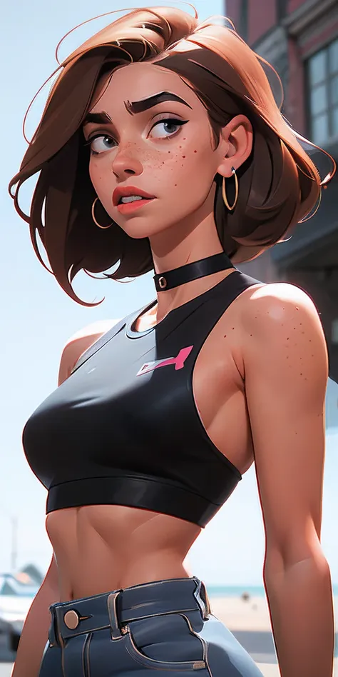 1girl, brunette, freckles, crop top, choker, looking at viewer, upper body, blurry, earrings, side boob