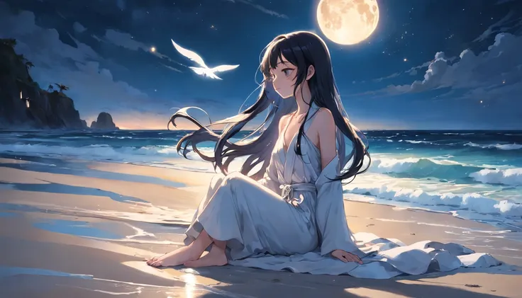 shining brightly above her, her eyes closed in deep concentration. The gentle sound of waves crashing against the shore creates a soothing rhythm that matches the tranquility of the scene. The girl sits cross-legged, her petite figure illuminated by the so...