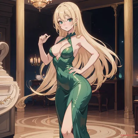 Anime girl, shoulder lengths blonde hair, short Green Party dress, sexy, posing, at a fancy ballroom, hourglass figure, curvy, skinny, full body shot, hand on hip, very small waist, big ass