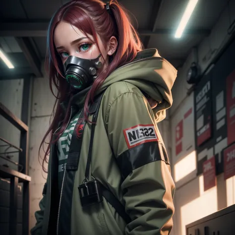 Young girl of 20 years of age, gran trasero y grandes senos, cabello color rojo, usando una sudadera blanca, con capucha, with a Cyberpunk-style gas mask, muy detallado cg, textura detallada, hiperrealista, 8 k resolution, 32k resolution, cinematic lightin...