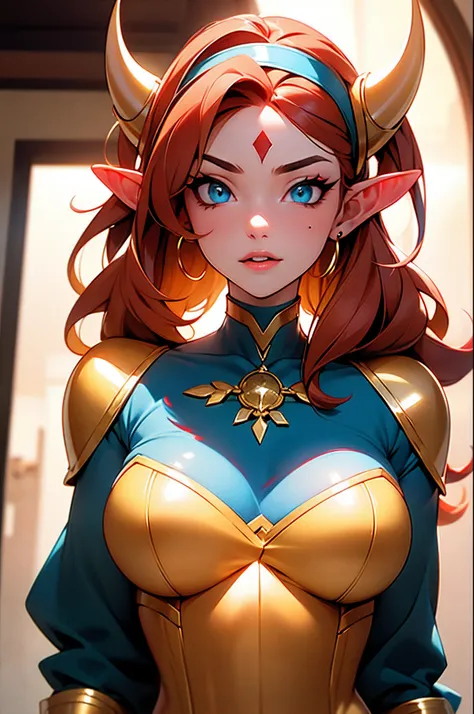 ((Masterpiece)), ((golden ratio)), ((dynamic)), ((natural)) ((best quality)), ((ultra-detailed)), ((disheveled hair)), {1woman mature}, {red hair}, {demon horns on head:1.2}, {elf ears:1.2}, blue eyes, {{Hairband}}, big breasts , (sexy outfit: transparent ...