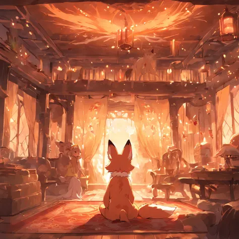 Anime character Little cute fox girl , Big room, A lonely day, Fantasy Treehouse, The room was full of properties, Gibly studio style, Intricate golden fur, Beautiful and big eyes, Warm room with back view of anime characters, Sit in front of a warm brazie...