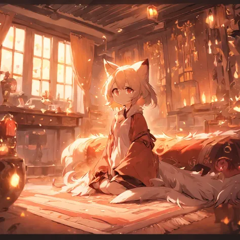 Anime character Little cute fox girl , Big room, A lonely day, Fantasy Treehouse, The room was full of properties, Gibly studio style, Intricate golden fur, Beautiful and big eyes, Warm room with back view of anime characters, Sit in front of a warm brazie...