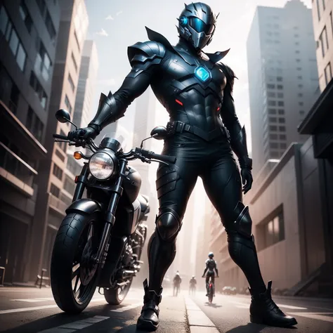 Futuristic male rider full body with black riding suit and helmet