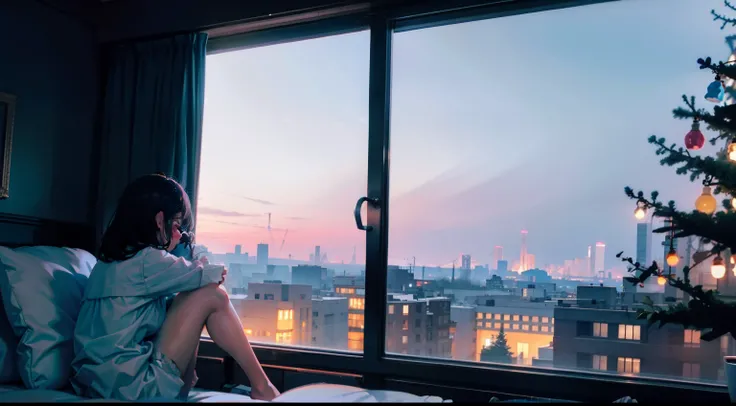 Girl sitting alone by the window，Night view of the city outside the window，The starry sky outside the window is shining，Very lonely，A soft shimmer was sprinkled on the girl，Rich details inside the window，There are plush dolls inside the window，There is a n...