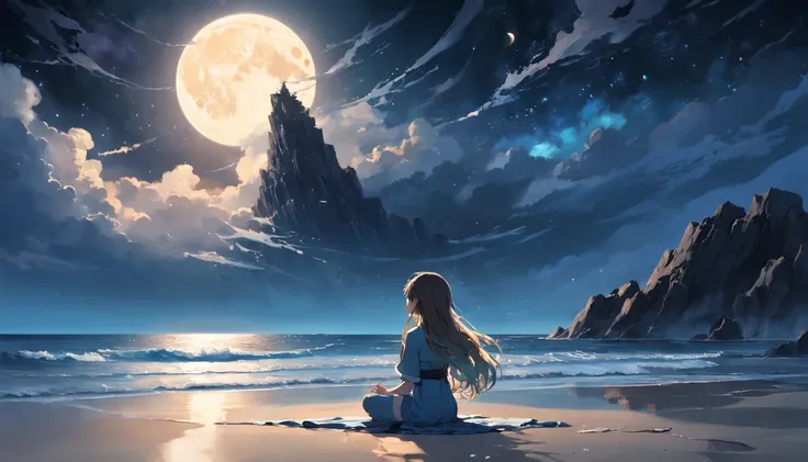 A breathtaking scene unfolds as the moonlight casts a luminous glow on a deserted beach, painting the sky with a tapestry of twinkling stars. At the center of this ethereal moment, A young woman with long hair cascades sits in deep meditation. Its tranquil...