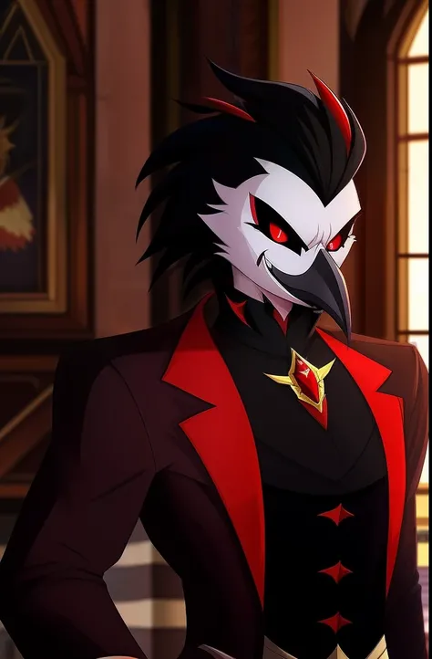 best quality, 1 boy, taller size, bird face, red eyes, black sclera, Rooster male, (ars goetia), sadist expression, ruthless smile, Rooster demon, furry, black and red feathers (short black hair), prince clothings, anthropomorphic, inside a castle, ((Hellu...