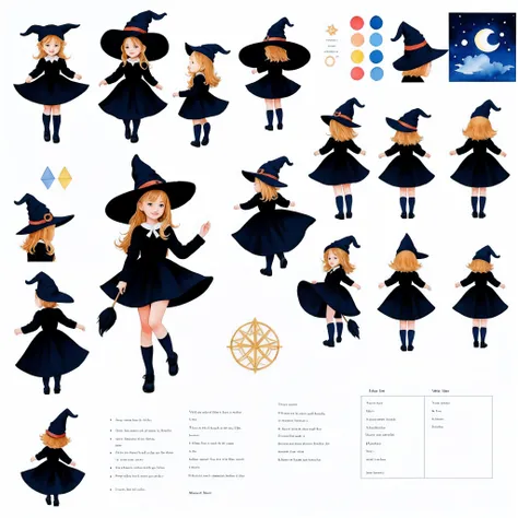 children book illustration, symbol sheet On the right, Left, front, backboob, sitting, Standing, running, Walking, Character Sheet, Cute little witch, Multiple Poses, watercolour,