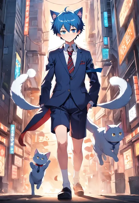 Anime shonen with cat ears and tie, anime moe art style, full body portrait of a short!, Cute anime cat teenager, gapmoe yandere, Anime Nefer Pito, anime full body illustration, 2 d anime style, rei hiroe, Tall anime guy with blue eyes, Boy with cat ears a...