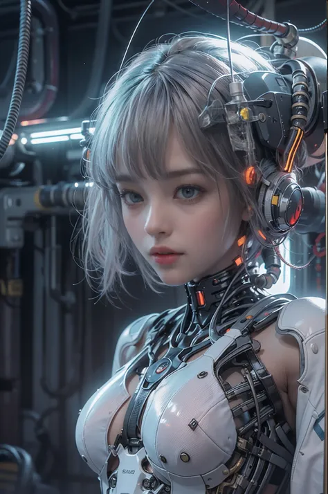 of the highest quality, masutepiece, Ultra High Resolution, ((Photorealistic: 1.4), Raw photo, 1 Cyberpunk Girl, Glossy skin, 1 Mechanical Girl, (super realistic details)), Mechanical limbs, Tubes connected to mechanical parts, Mechanical vertebrae attache...