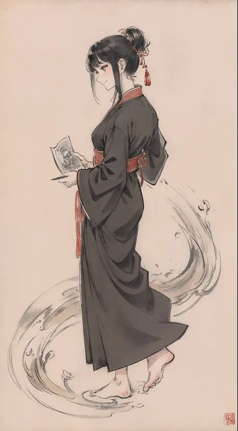 ((4k,masterpiece,best quality)), shuimobysim, traditional chinese ink painting, lotus, hanfu, maxiskit, dress conservatively in a short Japanese style robe, 1girl, solo, short tied up black hair, smile, standing, barefoot, side profile