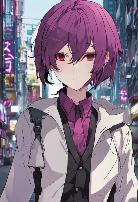 mirokujiyuuya, yanke, short hair, purple hair, ,, vest, pants, ,, pullover, coat, smug, standing, solo focus, full body, walking, city, one character,MFBP1, red eyes