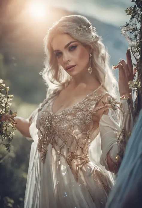 "Hadas，fantasy，exquisitodetalles，Luz y sombra brillantes，Fantastic image quality，colores brillantes，Soft lighting，A beautiful and solemn elven woman，Cabello largo y suelto，Ojos brillantes y puros，Vestido con hermosos trajes，Delicado como una cinta，postura ...