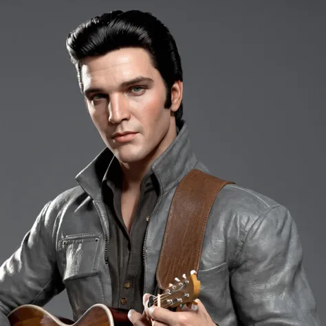 Elvis Presley, realista, Science-Fiction, ..3D, Detallado, escenario, cuerpo completo, hombre, moreno, con guitarra