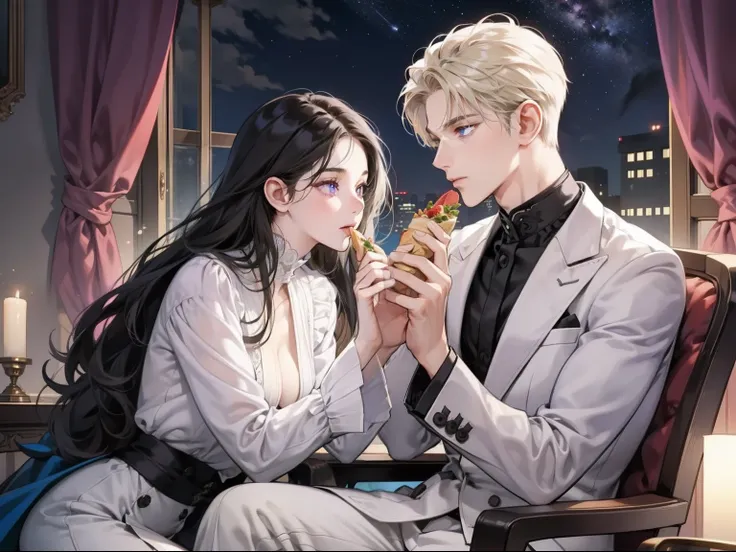 Happy couple, 1 girl 1 boy, different hair color, long black hair and purple eyes, short blonde hair and green eyes, face to face, romantic, hands in hands, white suit, star sky, night, sitting down, foods, mouth opens, talking