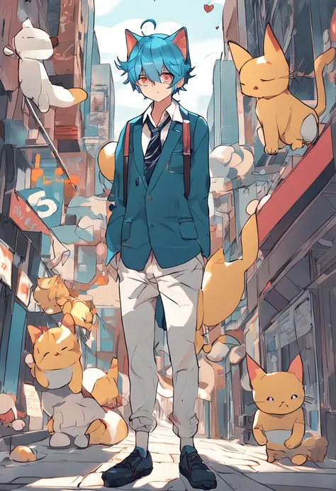 Anime shonen with cat ears and tie, anime moe art style, full body portrait of a short!, Cute anime blue-haired cat teenager, gapmoe yandere, Anime Nefer Pito, anime full body illustration, 2 d anime style, rei hiroe, Golden eyes, Boy with cat ears and tai...