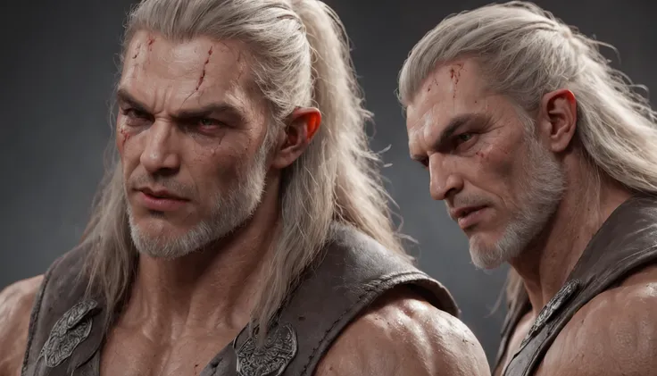 orthofacial，head portrait，left right symmetry，long whitr hair，(professional 3d render:1.3) af (Realistic:1.3) most beautiful artwork photo in the world，Features soft and shiny male heroes, ((Epic hero fantasy muscle man rough wet hero rage looks long hair ...