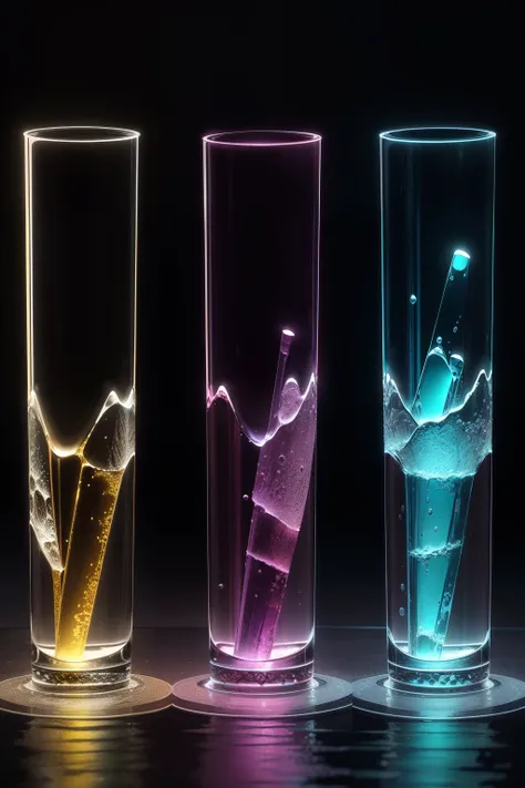 Three glass columns，It is filled with water，Layered water，Water of different colors，filtration，cold shades，Futuristic