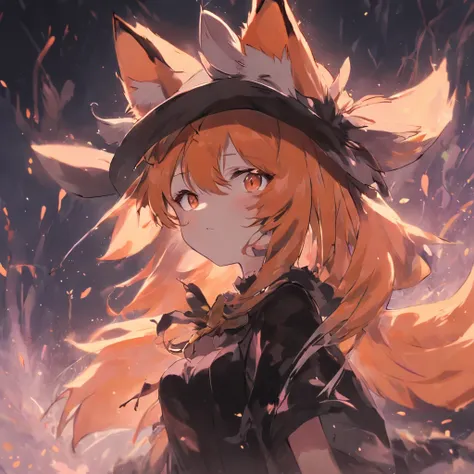 A girl in a black dress and a fox hat, An anime work drawn by Kisu, pixiv contest winner, rayonism, made of leaves, soft mist, Mist.