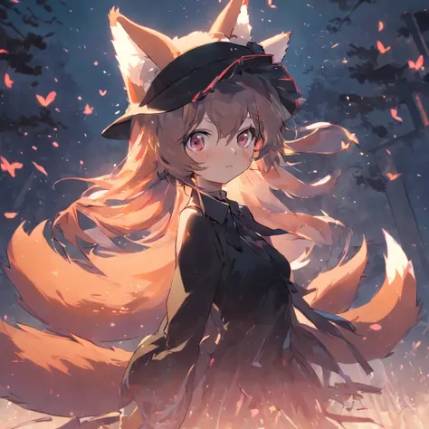 A girl in a black dress and a fox hat, An anime work drawn by Kisu, pixiv contest winner, rayonism, made of leaves, soft mist, Mist.