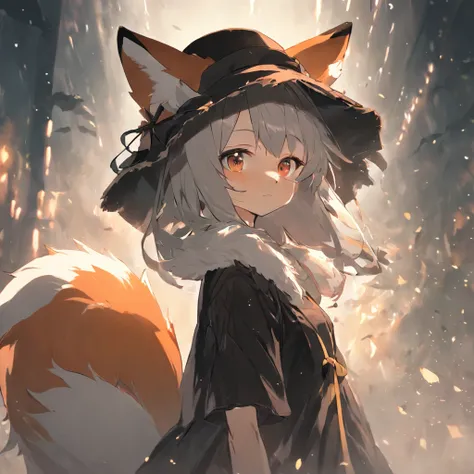 A girl in a black dress and a fox hat, An anime work drawn by Kisu, pixiv contest winner, rayonism, made of leaves, soft mist, Mist.