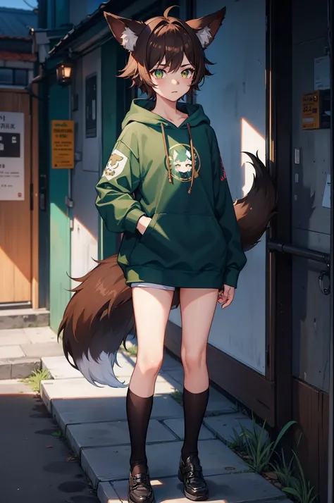 1boy, femboy, fox ears, fox tail, girly boy, feminine body, short hair, dark brown hair, green eyes, white hoodie,