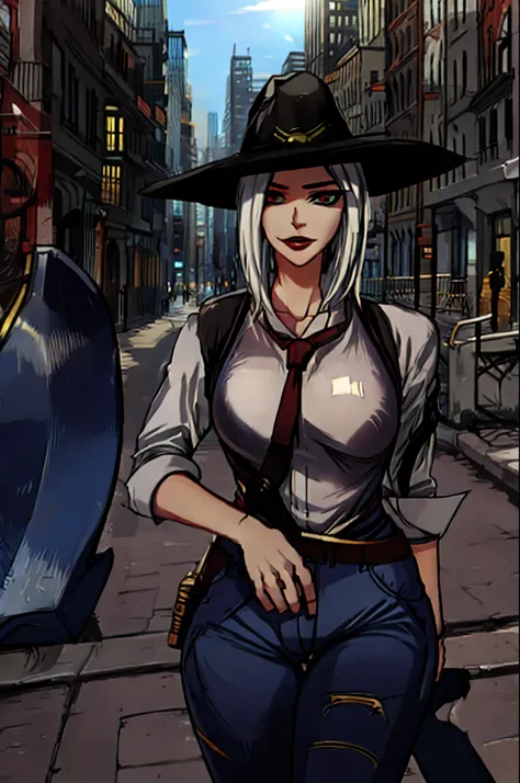 ashe, casual clothes, shirt, jeans, city street, sunlight, best quality, portrait, master piece, beautiful, anime style