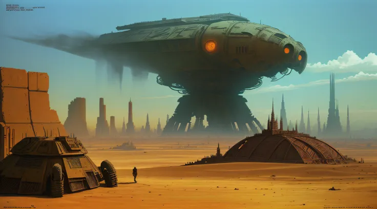 enki bilal,philippe druillet,moebius inspired french comics art "a vast desert filled with colossal, rusting machines of war, half-buried in the sand, a dying sun casting long shadows over the scene, adding to the eerie sense of a long-forgotten battlefiel...