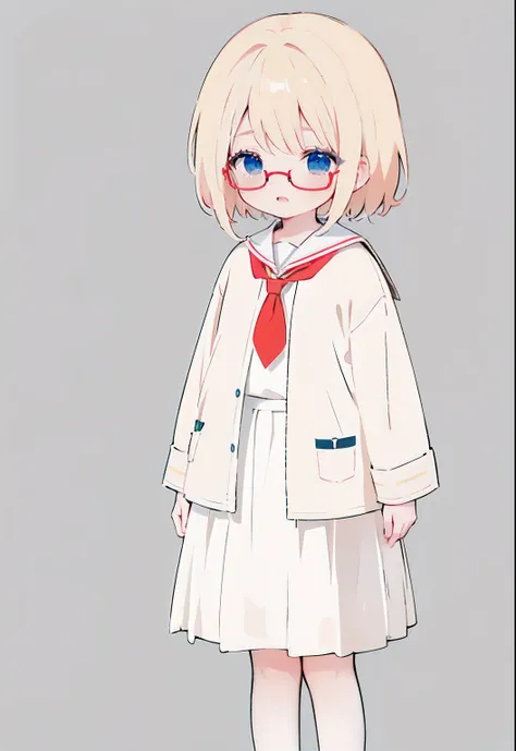 1人、Shy cute loli、short detailed hair、blond hairbl、eBlue eyes、Red glasses(Square lenses)、JK sailor suit(baggy)(white colors)(long  skirt)、Beige coat jacket、White stockings、red neckchief、student IDs、leather shoes、Classrooms