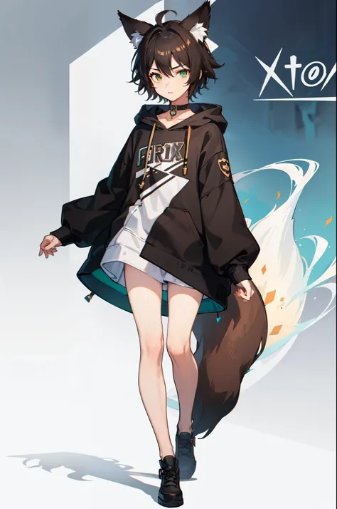 1boy, femboy, fox ears, fox tail, girly boy, feminine body, short hair, dark brown hair, green eyes, white hoodie,